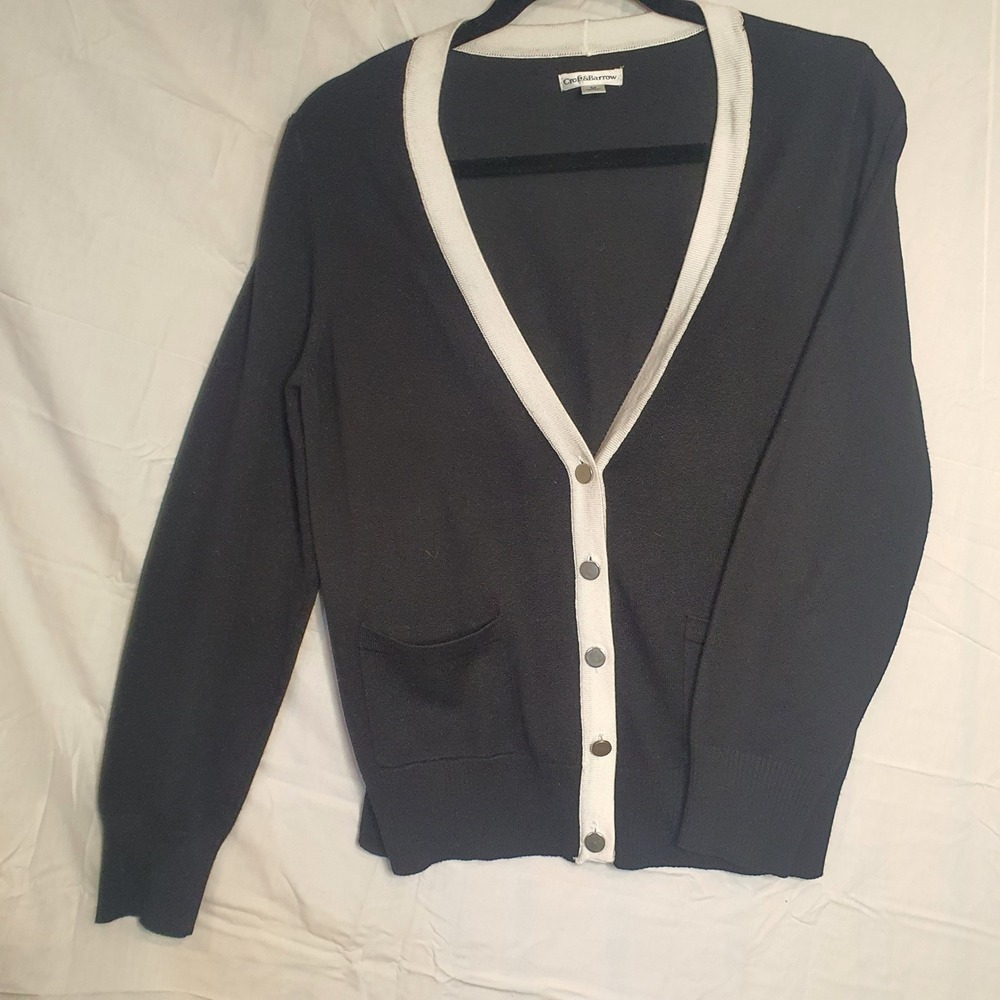 Croft & Barrow Womens Black White‎ Contrast Trim Button Front Cardigan Sweater M